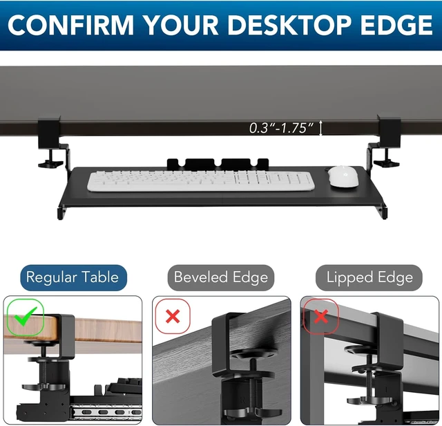 Alt view image 3 of 7 - Keyboard Tray Under Desk Pull Out with Extra Sturdy Adjustable C Clamp Mount System, 27.3 (32.5 inch Including Clamps) x 11 Inch Slide-Out Platform Computer Drawer for Typing, Black,AX01WB01
