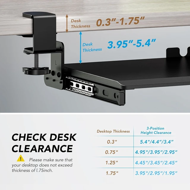 Alt view image 6 of 7 - Keyboard Tray Under Desk Pull Out with Extra Sturdy Adjustable C Clamp Mount System, 27.3 (32.5 inch Including Clamps) x 11 Inch Slide-Out Platform Computer Drawer for Typing, Black,AX01WB01