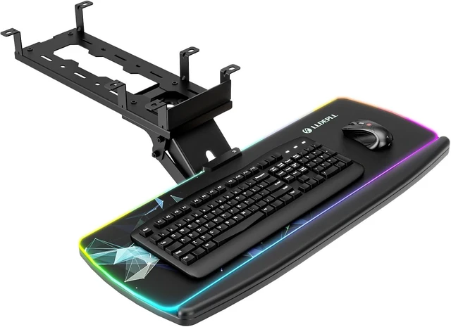 Main image of Keyboard Tray Under Desk with Storage Drawer, Height Adjustable Keyboard Tray Slide Out 360° Swivel Tilt, Ergonomic Under Desk Mount Keyboard & Mouse pad Lighting, Black