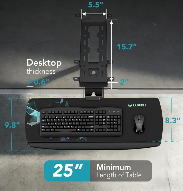 Alt view image 6 of 7 - Keyboard Tray Under Desk with Storage Drawer, Height Adjustable Keyboard Tray Slide Out 360° Swivel Tilt, Ergonomic Under Desk Mount Keyboard & Mouse pad Lighting, Black