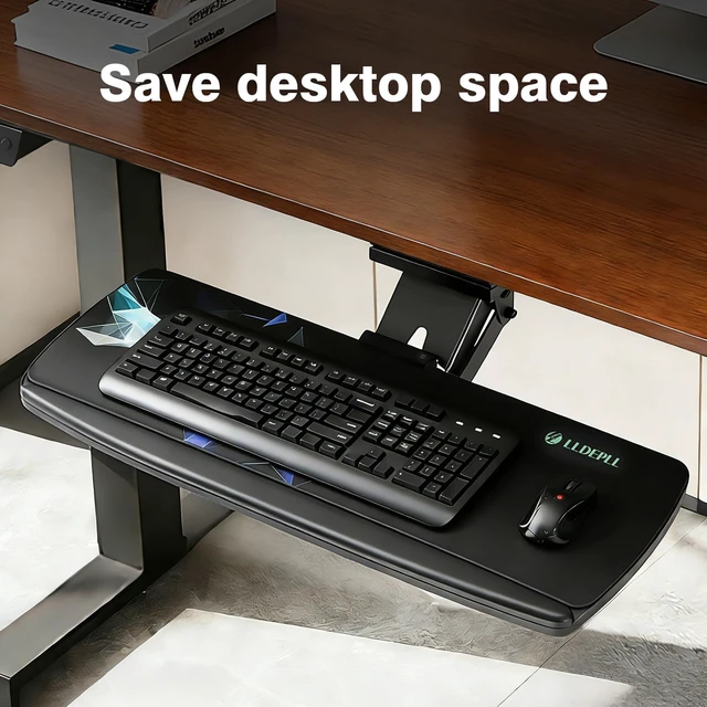 Alt view image 3 of 7 - Keyboard Tray Under Desk with Storage Drawer, Height Adjustable Keyboard Tray Slide Out 360° Swivel Tilt, Ergonomic Under Desk Mount Keyboard & Mouse pad Lighting, Black