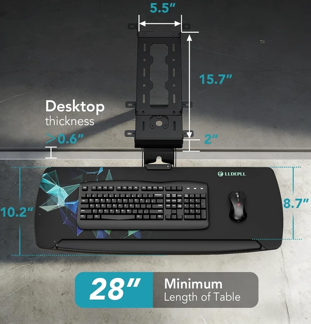 Alt view image 2 of 7 - Keyboard Tray Under Desk with Storage Drawer, Height Adjustable Keyboard Tray Slide Out 360° Swivel Tilt, Ergonomic Under Desk Mount Keyboard & Mouse Pad Lighting for Gaming Home Office