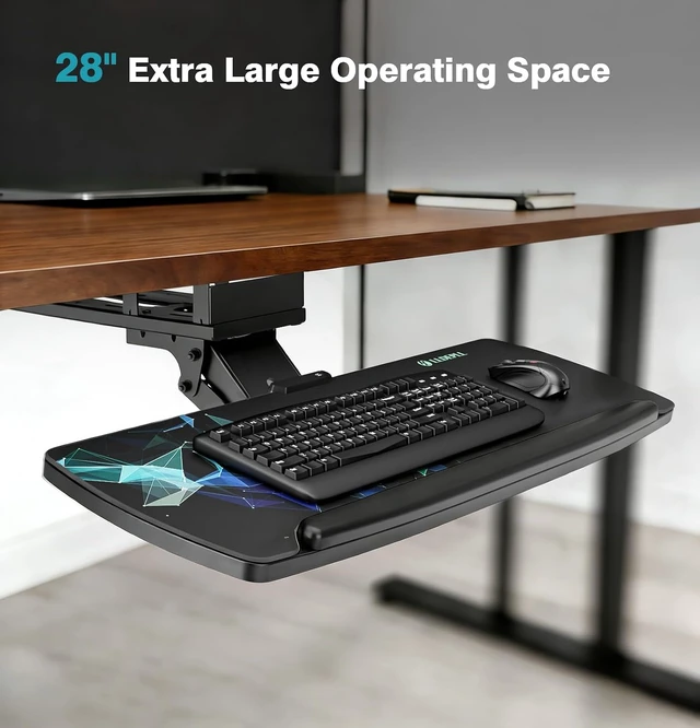 Alt view image 5 of 7 - Keyboard Tray Under Desk with Storage Drawer, Height Adjustable Keyboard Tray Slide Out 360° Swivel Tilt, Ergonomic Under Desk Mount Keyboard & Mouse Pad Lighting for Gaming Home Office
