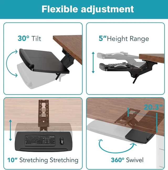 Alt view image 5 of 5 - Keyboard Tray Under Desk with Storage Drawer, Height Adjustable Keyboard Tray Slide Out 360° Swivel Tilt, Ergonomic Under Desk Mount Keyboard & Mouse Holder for Gaming Home Office