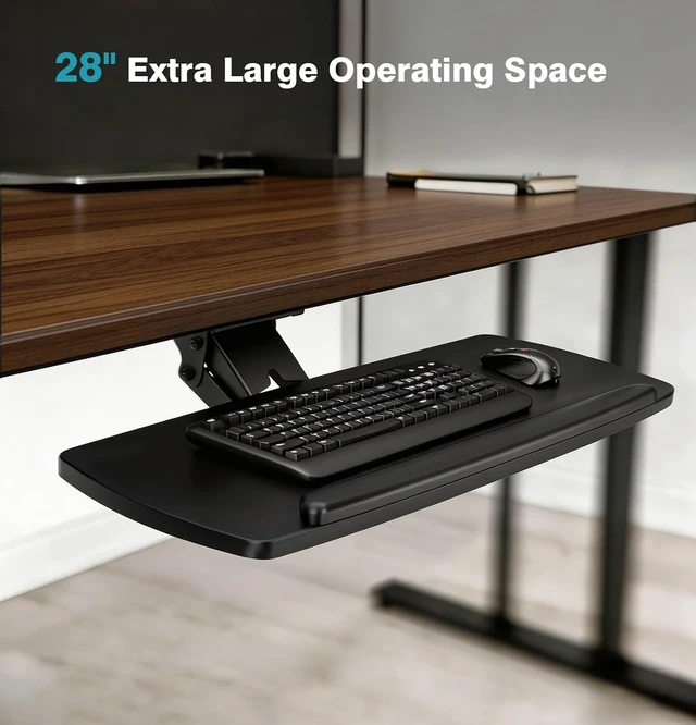 Alt view image 4 of 5 - Keyboard Tray Under Desk with Storage Drawer, Height Adjustable Keyboard Tray Slide Out 360° Swivel Tilt, Ergonomic Under Desk Mount Keyboard & Mouse Holder for Gaming Home Office