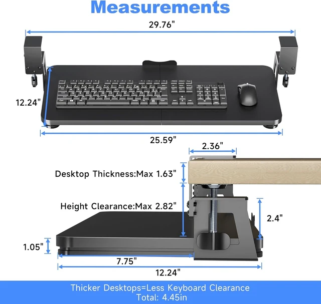 Alt view image 4 of 7 - Keyboard Tray Under Desk Large C-Clamp 25.6 (30 Including Clamps) x 11.8 Slide-Out Platform Computer Drawer Pull Out Keyboard & Mouse Tray Black DSF4
