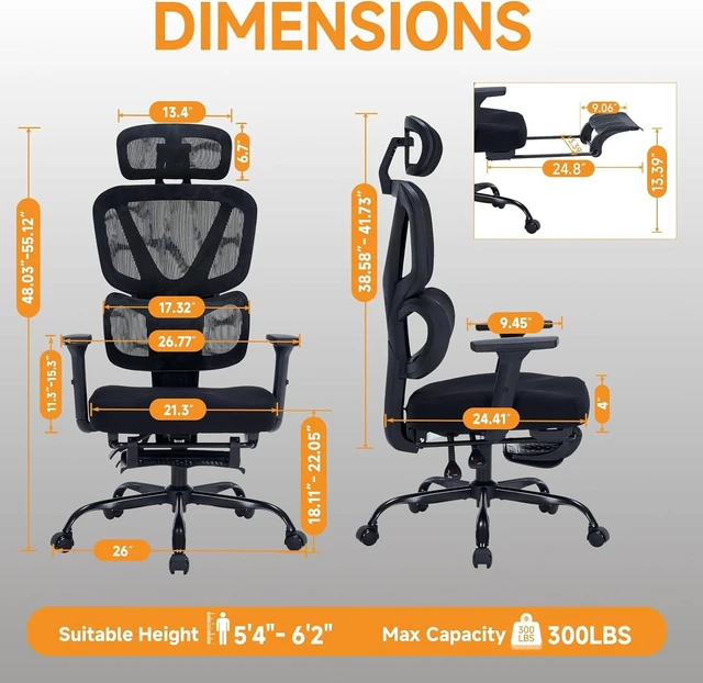 Alt view image 2 of 7 - Ergonomic Office Chair with Footrest, 90-160° Reclining Mesh Desk Chair, 3D Armrest & 2D Headrest & Comfortable Lumbar Support, High Back Mesh Computer Chair for Home Office Long Hours, Tilt Lock