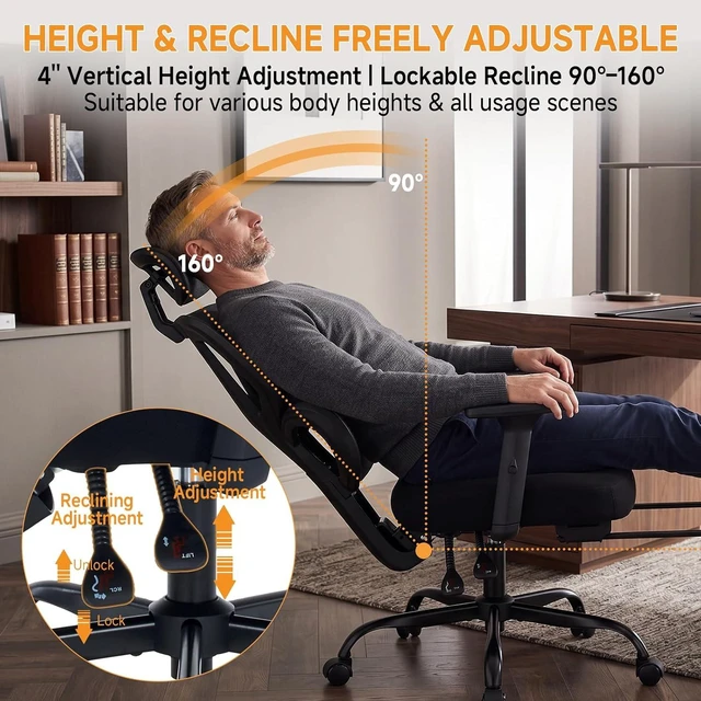 Alt view image 7 of 7 - Ergonomic Office Chair with Footrest, 90-160° Reclining Mesh Desk Chair, 3D Armrest & 2D Headrest & Comfortable Lumbar Support, High Back Mesh Computer Chair for Home Office Long Hours, Tilt Lock
