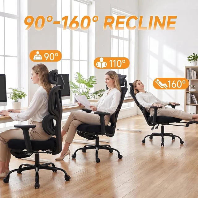 Alt view image 3 of 7 - Ergonomic Office Chair with Footrest, 90-160° Reclining Mesh Desk Chair, 3D Armrest & 2D Headrest & Comfortable Lumbar Support, High Back Mesh Computer Chair for Home Office Long Hours, Tilt Lock