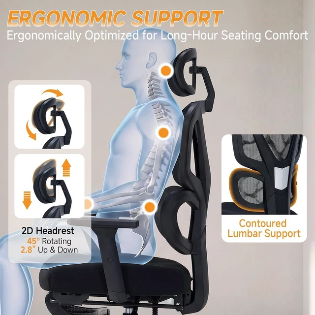 Alt view image 6 of 7 - Ergonomic Office Chair with Footrest, 90-160° Reclining Mesh Desk Chair, 3D Armrest & 2D Headrest & Comfortable Lumbar Support, High Back Mesh Computer Chair for Home Office Long Hours, Tilt Lock
