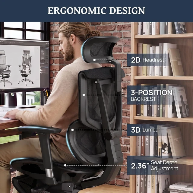 Alt view image 4 of 7 - Lumbar Support Office Chair - 330lb Big & Tall Ergonomic Office Chair with Dynamic Lumbar - Forward Tilt Seat - Adjustable Headrest & Arms - Breathable Mesh Office Chair for Home Office