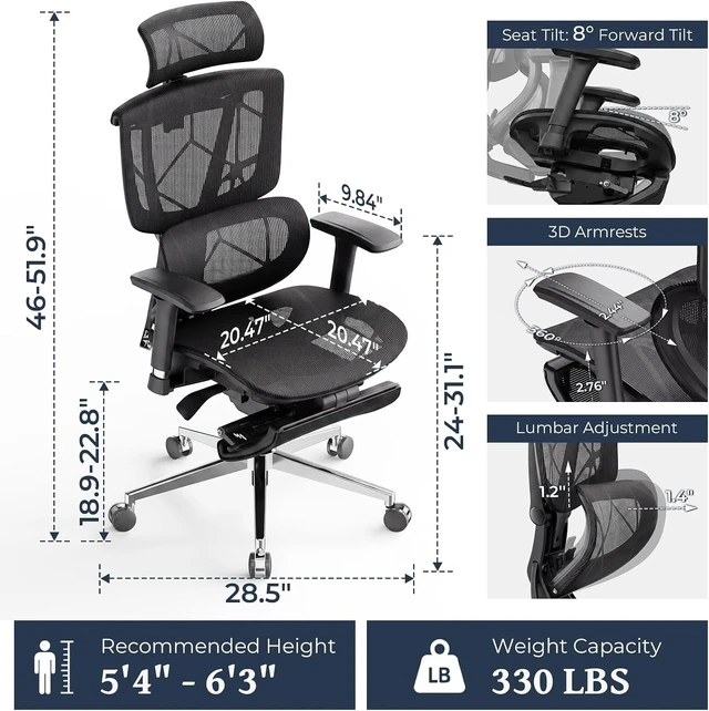 Alt view image 6 of 7 - Lumbar Support Office Chair - 330lb Big & Tall Ergonomic Office Chair with Dynamic Lumbar - Forward Tilt Seat - Adjustable Headrest & Arms - Breathable Mesh Office Chair for Home Office