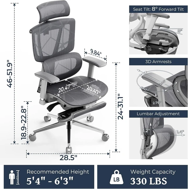Alt view image 5 of 7 - Lumbar Support Office Chair - 330lb Big & Tall Ergonomic Office Chair with Dynamic Lumbar - Forward Tilt Seat - Adjustable Headrest & Arms - Breathable Mesh Office Chair for Home Office Grey Grey