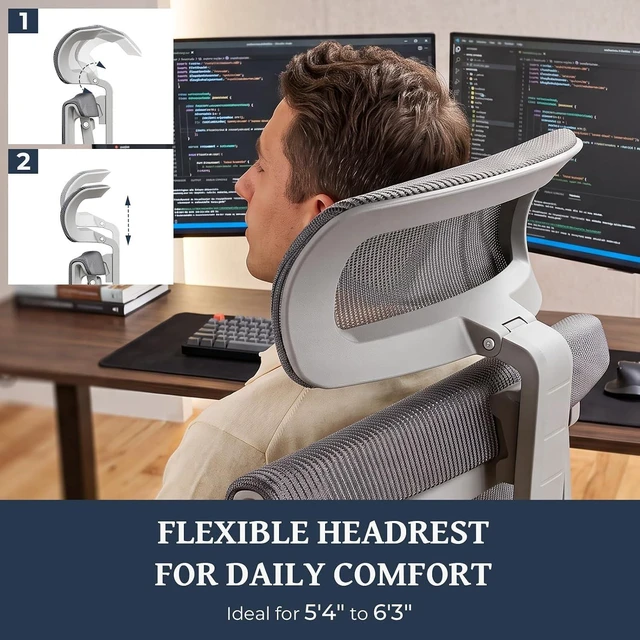 Alt view image 7 of 7 - Lumbar Support Office Chair - 330lb Big & Tall Ergonomic Office Chair with Dynamic Lumbar - Forward Tilt Seat - Adjustable Headrest & Arms - Breathable Mesh Office Chair for Home Office Grey Grey