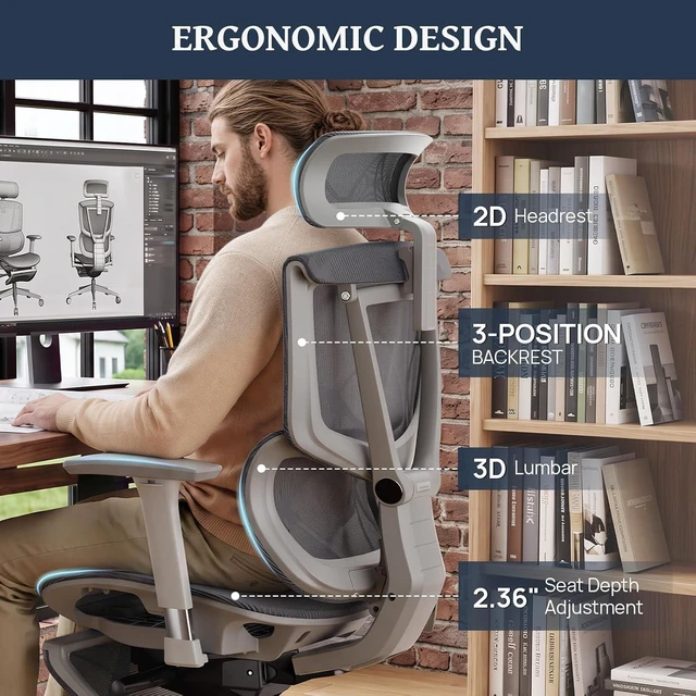 Alt view image 6 of 7 - Lumbar Support Office Chair - 330lb Big & Tall Ergonomic Office Chair with Dynamic Lumbar - Forward Tilt Seat - Adjustable Headrest & Arms - Breathable Mesh Office Chair for Home Office Grey Grey
