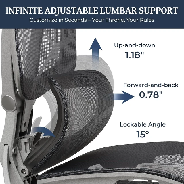 Alt view image 3 of 7 - Lumbar Support Office Chair - 330lb Big & Tall Ergonomic Office Chair with Dynamic Lumbar - Forward Tilt Seat - Adjustable Headrest & Arms - Breathable Mesh Office Chair for Home Office Grey Grey