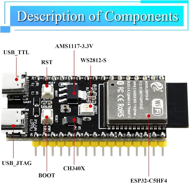 Alt view image 4 of 7 - 3PCS ESP32 C5 Development Board Dual Band Wi-Fi 6 5GHz 2.4GHz Module 240MHz RISC-V Single-Core Processor Bluetooth 5 Thread Zigbee with 4MB Flash ESP32-C5 Devkit