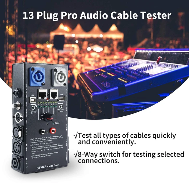 Alt view image 6 of 7 - 13-Plug Audio Cable Tester Line Finder Black 13-in-1 Cables Checker 8-Way Switch Wire Tracker with LED Indicators, Rectangular