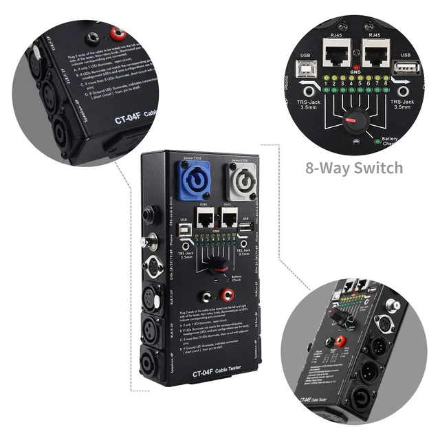 Alt view image 5 of 7 - 13-Plug Audio Cable Tester Line Finder Black 13-in-1 Cables Checker 8-Way Switch Wire Tracker with LED Indicators, Rectangular
