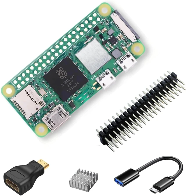 Main image of Raspberry Pi Zero 2W Kit, Pin Header,Aluminum Heatsink, Micro USB OTG Cable, Mini HDMI-HDMI Adapter