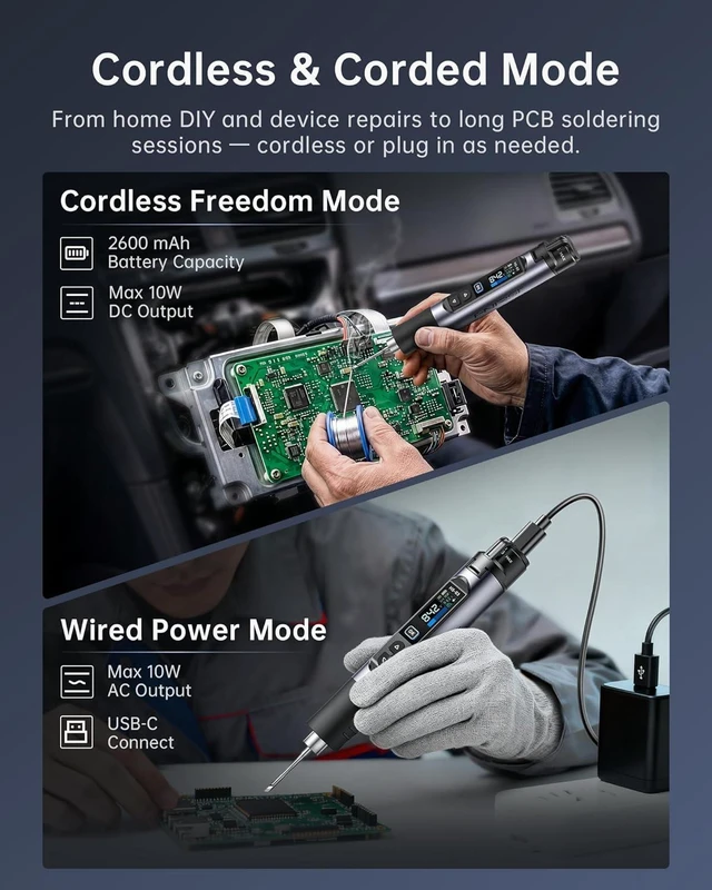 Alt view image 4 of 7 - Cordless Soldering Iron Kit, 2600mAh Battery, 3s Fast Heating, 212-842°F, 5 Preset Temp Levels, Auto Sleep, 0.96" IPS Display Portable Soldering Iron kit for Electronics Repair, DIY & PCB