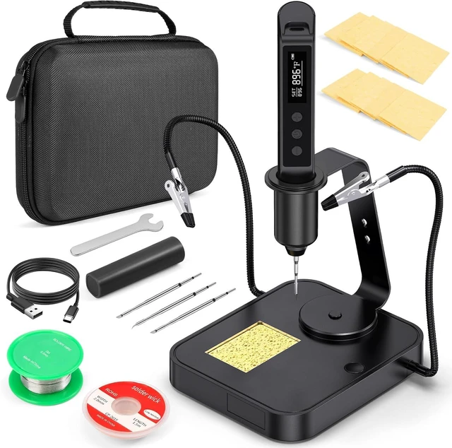 Main image of Soldering Iron Kit, Cordless Soldering Gun with 2 Helping Hands, 2s Fast Heating 356-896 OLED Solder Kit, Auto Sleep, Includes 360° Swivel Stand, C210 Tips, Wire, Wick, Sponges, Wrench, Black