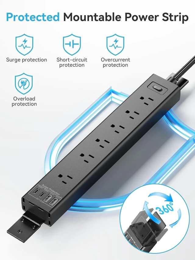 Alt view image 6 of 7 - Under Desk/Wall/Corner Mount Surge Protector Power Strip, 360° Mountable, 6AC+4USB (2 USB-C PD20W), 6FT Flat Plug Extension Cord, for Home/Office/Gaming/Kitchen