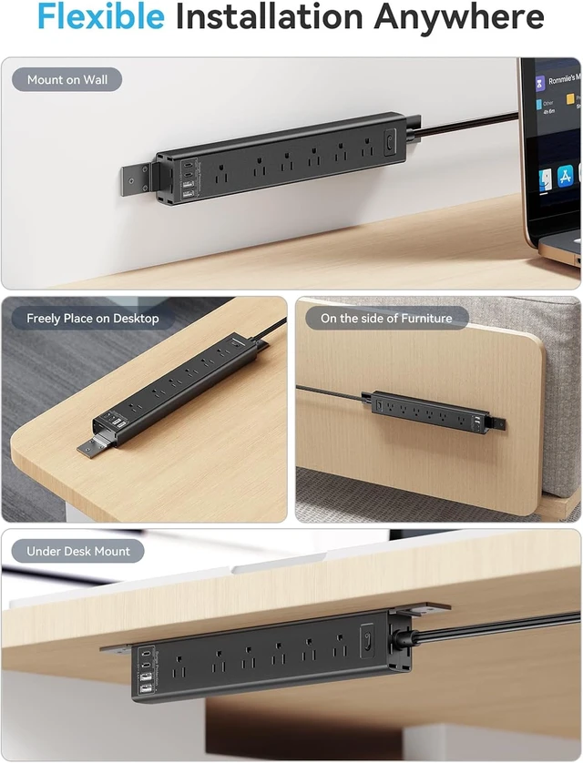 Alt view image 7 of 7 - Under Desk/Wall/Corner Mount Surge Protector Power Strip, 360° Mountable, 6AC+4USB (2 USB-C PD20W), 6FT Flat Plug Extension Cord, for Home/Office/Gaming/Kitchen