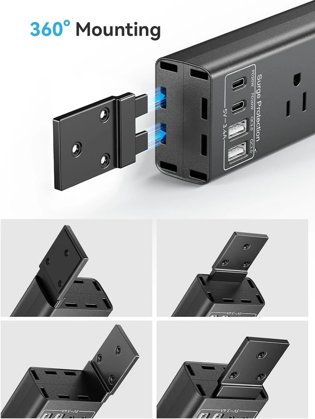 Alt view image 4 of 7 - Under Desk/Wall/Corner Mount Surge Protector Power Strip, 360° Mountable, 6AC+4USB (2 USB-C PD20W), 6FT Flat Plug Extension Cord, for Home/Office/Gaming/Kitchen