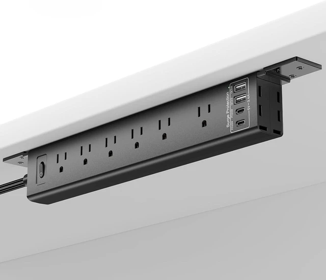 Main image of Under Desk/Wall/Corner Mount Surge Protector Power Strip, 360° Mountable, 6AC+4USB (2 USB-C PD20W), 6FT Flat Plug Extension Cord, for Home/Office/Gaming/Kitchen