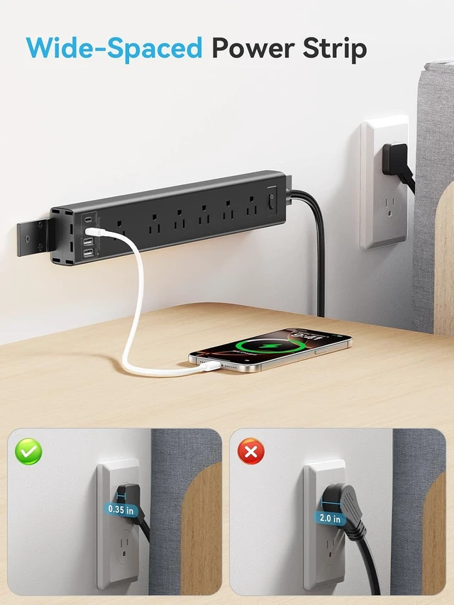 Alt view image 2 of 7 - Under Desk/Wall/Corner Mount Surge Protector Power Strip, 360° Mountable, 6AC+4USB (2 USB-C PD20W), 6FT Flat Plug Extension Cord, for Home/Office/Gaming/Kitchen