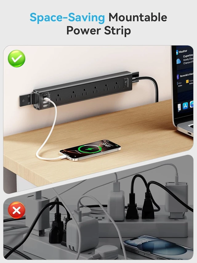 Alt view image 3 of 7 - Under Desk/Wall/Corner Mount Surge Protector Power Strip, 360° Mountable, 6AC+4USB (2 USB-C PD20W), 6FT Flat Plug Extension Cord, for Home/Office/Gaming/Kitchen