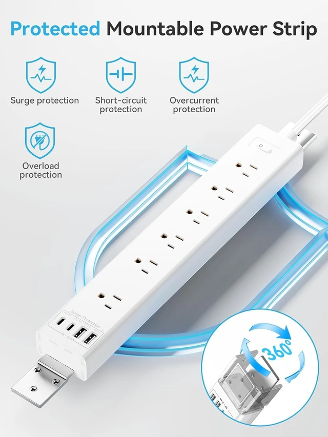 Alt view image 2 of 7 - Under Desk/Wall/Corner Mount Surge Protector Power Strip, 360° Mountable, 6AC+4USB (2 USB-C PD20W), 6FT Flat Plug Extension Cord, for Home/Office/Gaming/Kitchen White