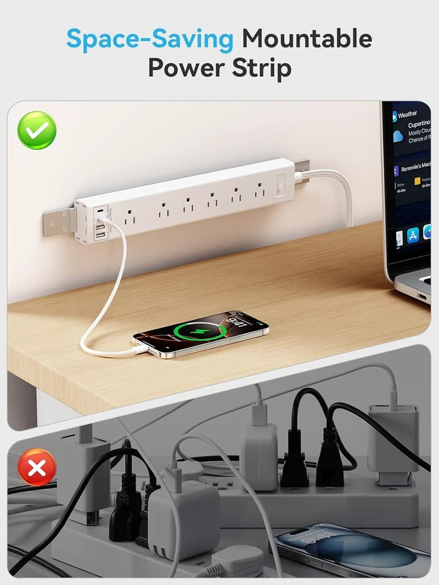 Alt view image 3 of 7 - Under Desk/Wall/Corner Mount Surge Protector Power Strip, 360° Mountable, 6AC+4USB (2 USB-C PD20W), 6FT Flat Plug Extension Cord, for Home/Office/Gaming/Kitchen White