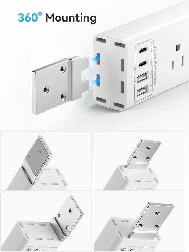 Alt view image 6 of 7 - Under Desk/Wall/Corner Mount Surge Protector Power Strip, 360° Mountable, 6AC+4USB (2 USB-C PD20W), 6FT Flat Plug Extension Cord, for Home/Office/Gaming/Kitchen White
