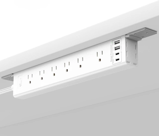 Main image of Under Desk/Wall/Corner Mount Surge Protector Power Strip, 360° Mountable, 6AC+4USB (2 USB-C PD20W), 6FT Flat Plug Extension Cord, for Home/Office/Gaming/Kitchen White