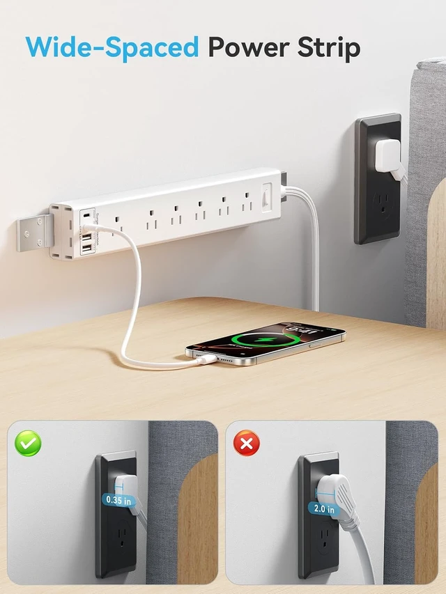 Alt view image 7 of 7 - Under Desk/Wall/Corner Mount Surge Protector Power Strip, 360° Mountable, 6AC+4USB (2 USB-C PD20W), 6FT Flat Plug Extension Cord, for Home/Office/Gaming/Kitchen White