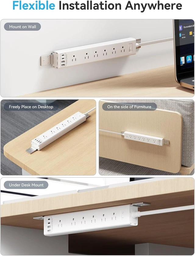 Alt view image 4 of 7 - Under Desk/Wall/Corner Mount Surge Protector Power Strip, 360° Mountable, 6AC+4USB (2 USB-C PD20W), 6FT Flat Plug Extension Cord, for Home/Office/Gaming/Kitchen White