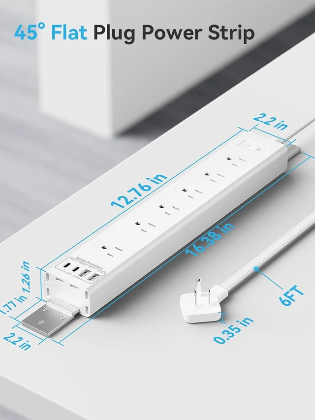 Alt view image 5 of 7 - Under Desk/Wall/Corner Mount Surge Protector Power Strip, 360° Mountable, 6AC+4USB (2 USB-C PD20W), 6FT Flat Plug Extension Cord, for Home/Office/Gaming/Kitchen White