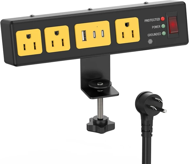 Main image of Desk Clamp Surge Protector USB, Heavy Duty, 6FT, 20W, Metal Shell, Home Office, Gaming Standing Desktop Accessories, Power Strip, 4800J, Flat Plug Extension Cord Extender.