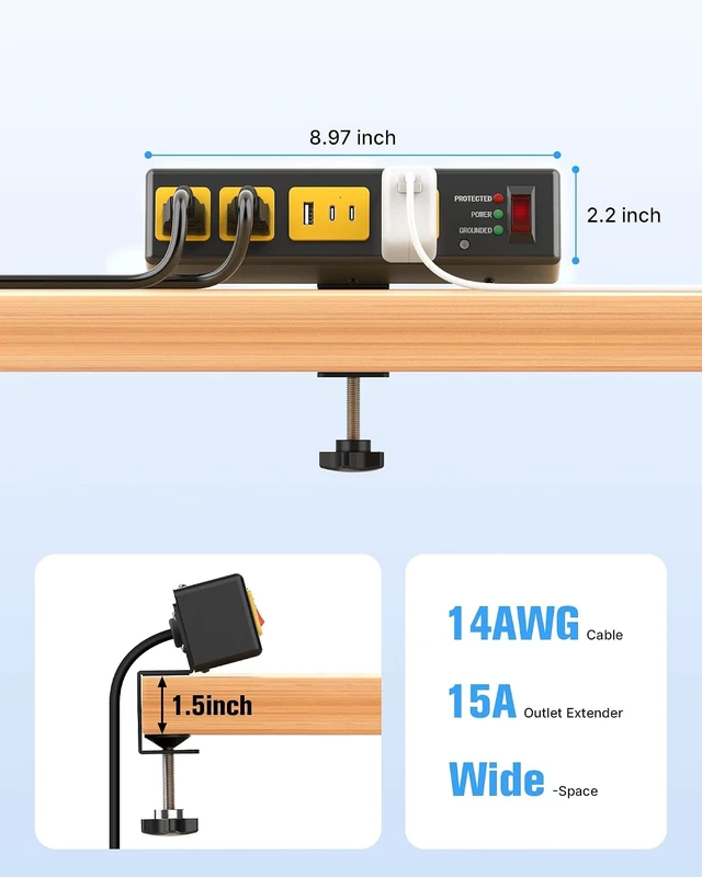Alt view image 5 of 7 - Desk Clamp Surge Protector USB, Heavy Duty, 6FT, 20W, Metal Shell, Home Office, Gaming Standing Desktop Accessories, Power Strip, 4800J, Flat Plug Extension Cord Extender.