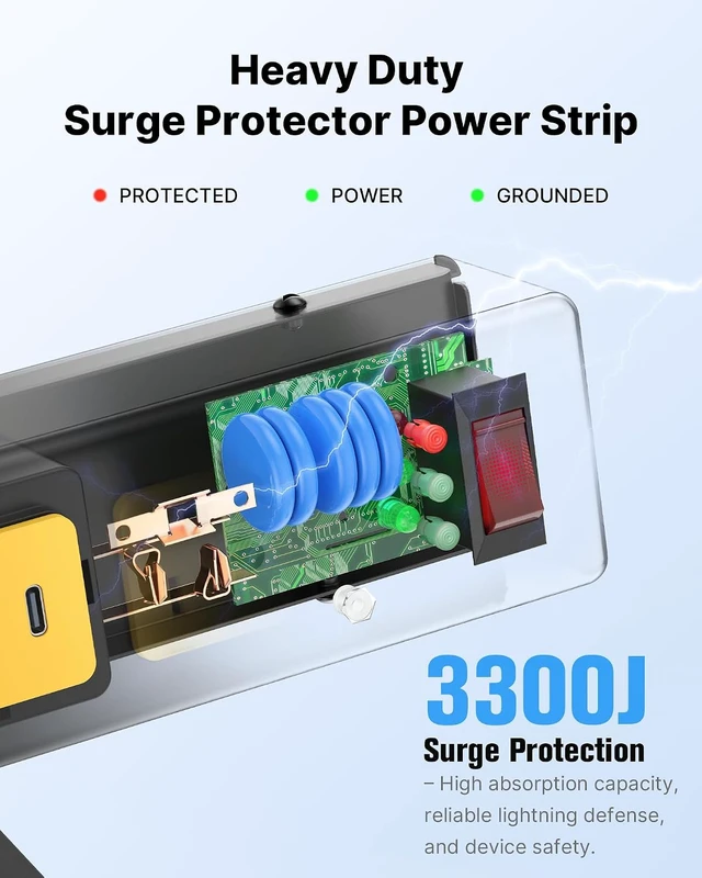 Alt view image 4 of 7 - Desk Clamp Surge Protector USB, Heavy Duty, 6FT, 20W, Metal Shell, Home Office, Gaming Standing Desktop Accessories, Power Strip, 4800J, Flat Plug Extension Cord Extender.