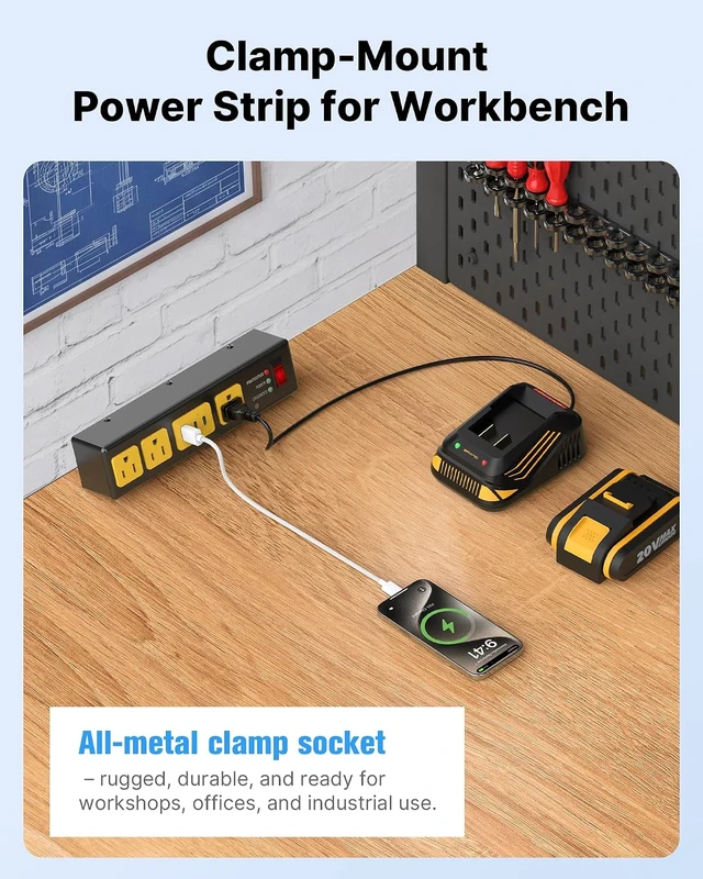 Alt view image 7 of 7 - Desk Clamp Surge Protector USB, Heavy Duty, 6FT, 20W, Metal Shell, Home Office, Gaming Standing Desktop Accessories, Power Strip, 4800J, Flat Plug Extension Cord Extender.