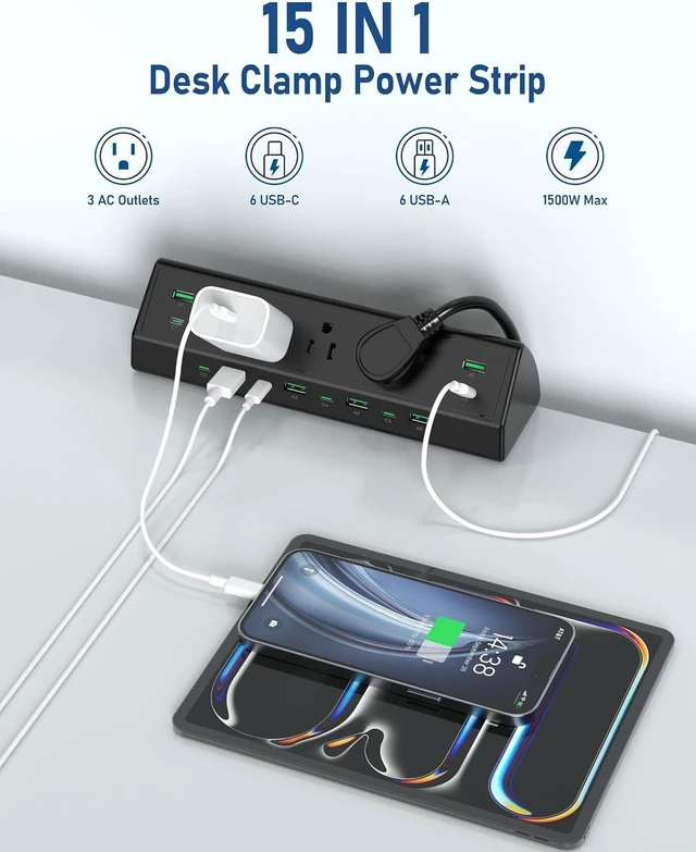 Alt view image 3 of 7 - 90W Desk Clamp Power Strip,12 USB Ports (6 PD 45W USB-C),Surge Protector,ETL Listed Power Hub Extension Cord,Fast Charging Station for Home Office Desk Edge Mount