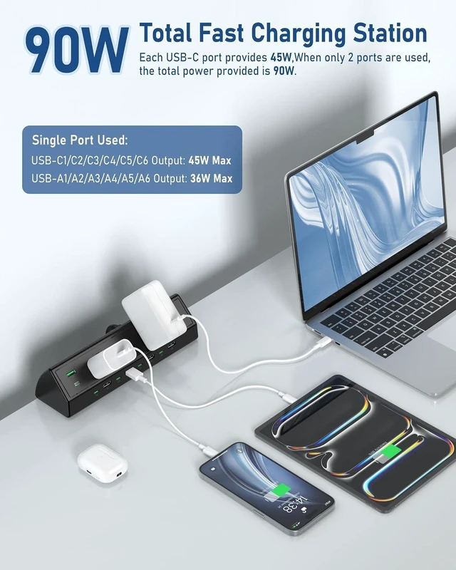 Alt view image 4 of 7 - 90W Desk Clamp Power Strip,12 USB Ports (6 PD 45W USB-C),Surge Protector,ETL Listed Power Hub Extension Cord,Fast Charging Station for Home Office Desk Edge Mount