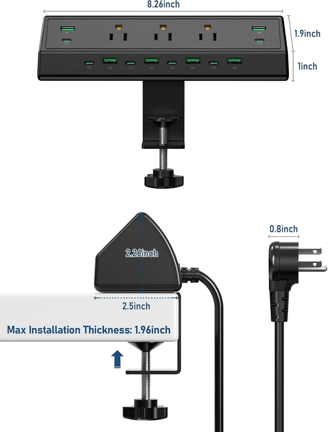 Alt view image 6 of 7 - 90W Desk Clamp Power Strip,12 USB Ports (6 PD 45W USB-C),Surge Protector,ETL Listed Power Hub Extension Cord,Fast Charging Station for Home Office Desk Edge Mount