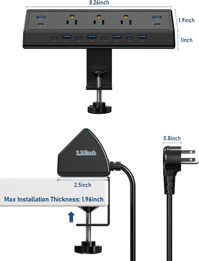Alt view image 7 of 7 - 130W Desk Clamp Power Strip, 12 USB Ports (6 PD 65W USB-C),Surge Protector,ETL Listed Power Hub Extension Cord,Fast Charging Station for Home Office Desk Edge Mount