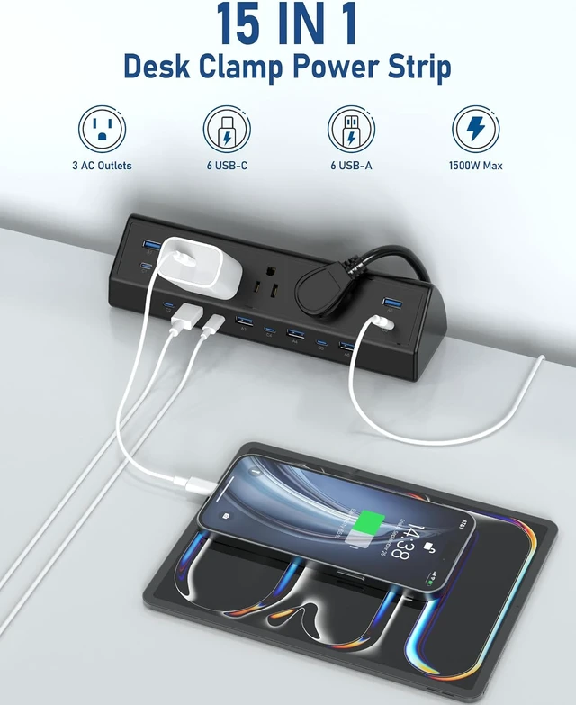 Alt view image 5 of 7 - 130W Desk Clamp Power Strip, 12 USB Ports (6 PD 65W USB-C),Surge Protector,ETL Listed Power Hub Extension Cord,Fast Charging Station for Home Office Desk Edge Mount