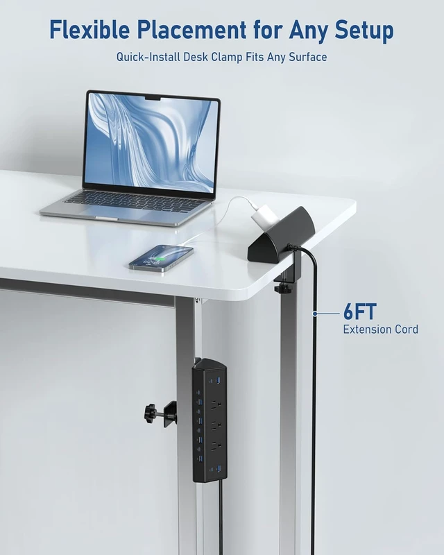 Alt view image 3 of 7 - 130W Desk Clamp Power Strip, 12 USB Ports (6 PD 65W USB-C),Surge Protector,ETL Listed Power Hub Extension Cord,Fast Charging Station for Home Office Desk Edge Mount