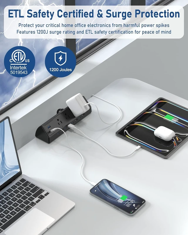 Alt view image 2 of 7 - 130W Desk Clamp Power Strip, 12 USB Ports (6 PD 65W USB-C),Surge Protector,ETL Listed Power Hub Extension Cord,Fast Charging Station for Home Office Desk Edge Mount